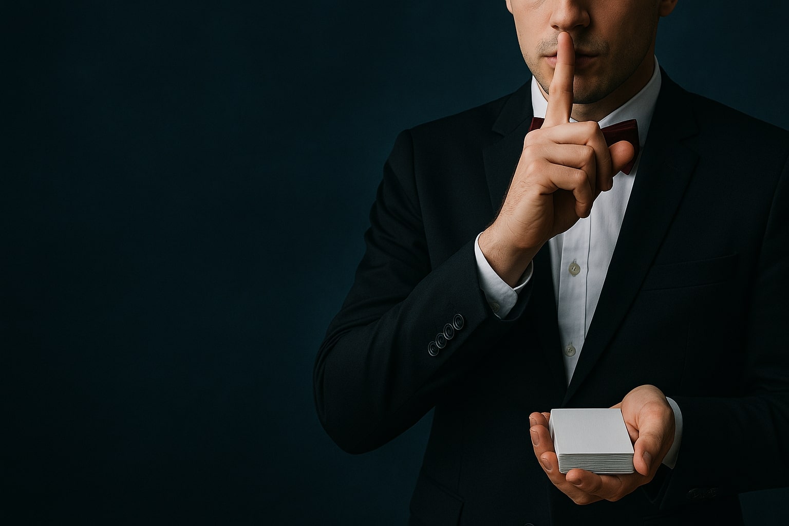 magicien avec un doigt sur la bouche pour dire chute c'est un secret de magicien